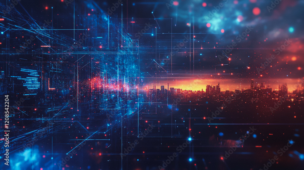 Obraz premium Smart digital Innovation city with connection network reciprocity over the cityscape. of future smart wireless digital city and social media networking systems that connects people with in city