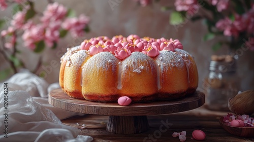 Traditional spanish easter cake mona de pascua with decorative pink flowers photo