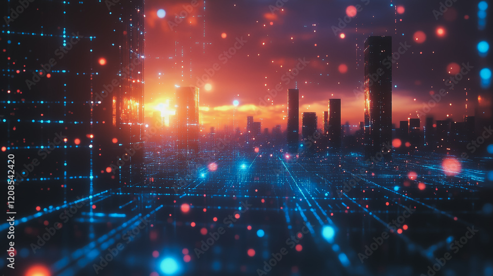 Obraz premium Smart digital Innovation city with connection network reciprocity over the cityscape. of future smart wireless digital city and social media networking systems that connects people with in city