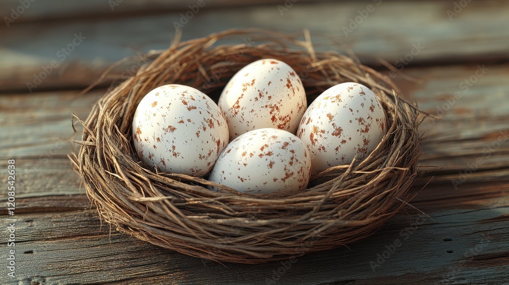 Rustic easter eggs nestled in natural woven nest on weathered wooden surface Rustic easter eggs nestled in natural woven nest on weathered wooden surface