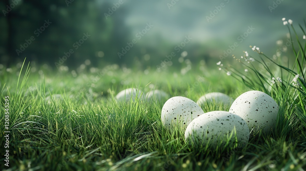 Easter decoration eggs in green grassland for spring celebrations Easter decoration eggs in green grassland for spring celebrations