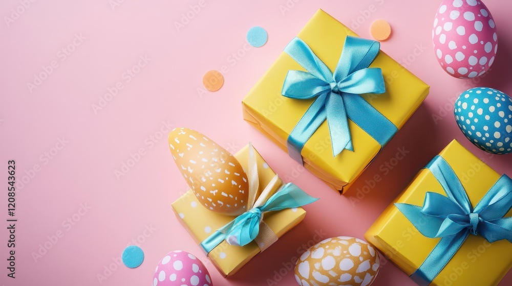 Easter celebration concept with colorful eggs and gift boxes for festive decoration Easter celebration concept with colorful eggs and gift boxes for festive decoration