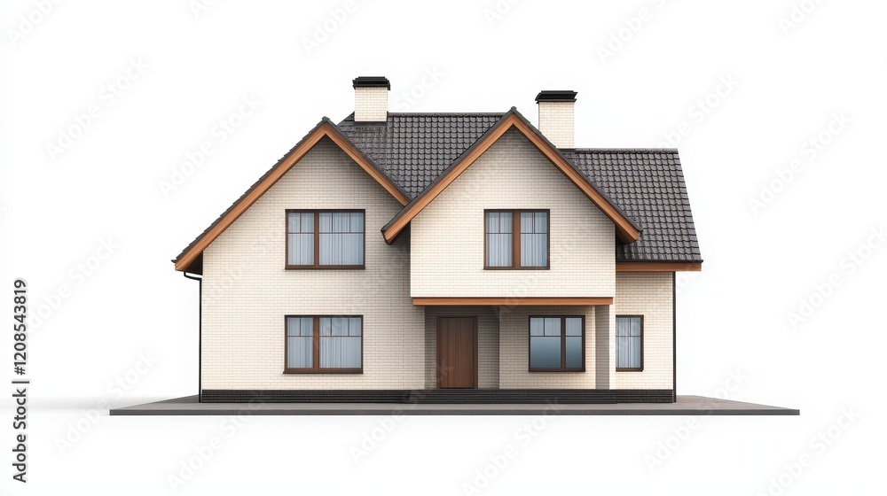 Modern two-story house with gabled roof and large windows on white background Modern two-story house with gabled roof and large windows on white background