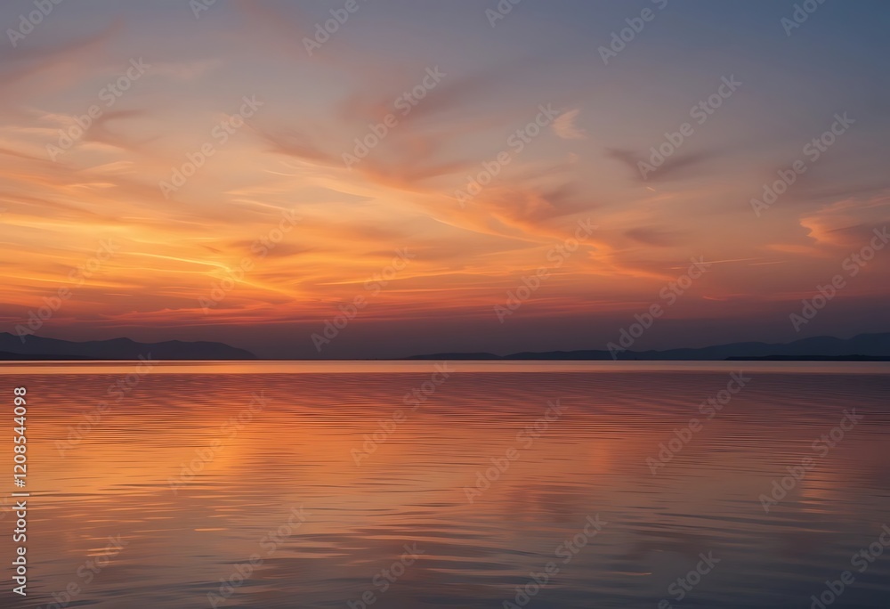 Serene Sunset Over Calm Lake And Distant Mountains Serene Sunset Over Calm Lake And Distant Mountains