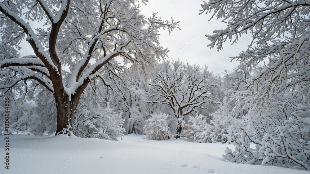 Snow-Covered Trees in Winter Wonderland with Heavy Snowfall and Overcast Sky Snow-Covered Trees in Winter Wonderland with Heavy Snowfall and Overcast Sky