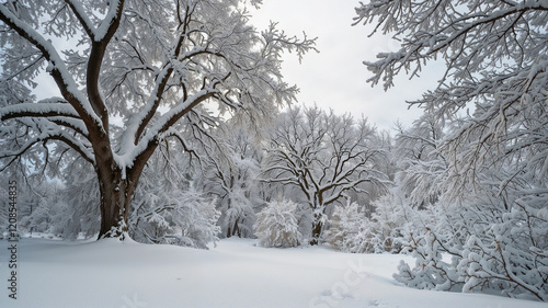 Snow-Covered Trees in Winter Wonderland with Heavy Snowfall and Overcast Sky