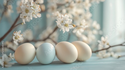 Rustic spring easter scene with pastel eggs on minimal background