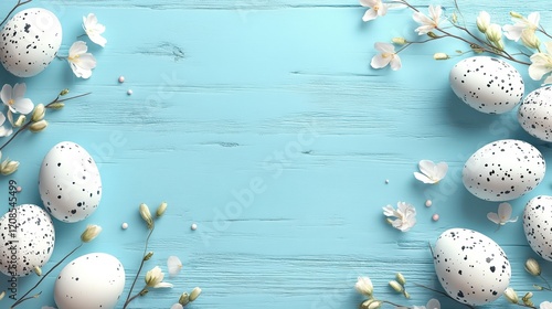 Easter day concept with speckled eggs and spring flowers on blue background