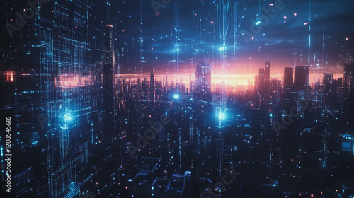 Wallpaper Mural Smart digital Innovation city with connection network reciprocity over the cityscape. of future smart wireless digital city and social media networking systems that connects people with in city Torontodigital.ca