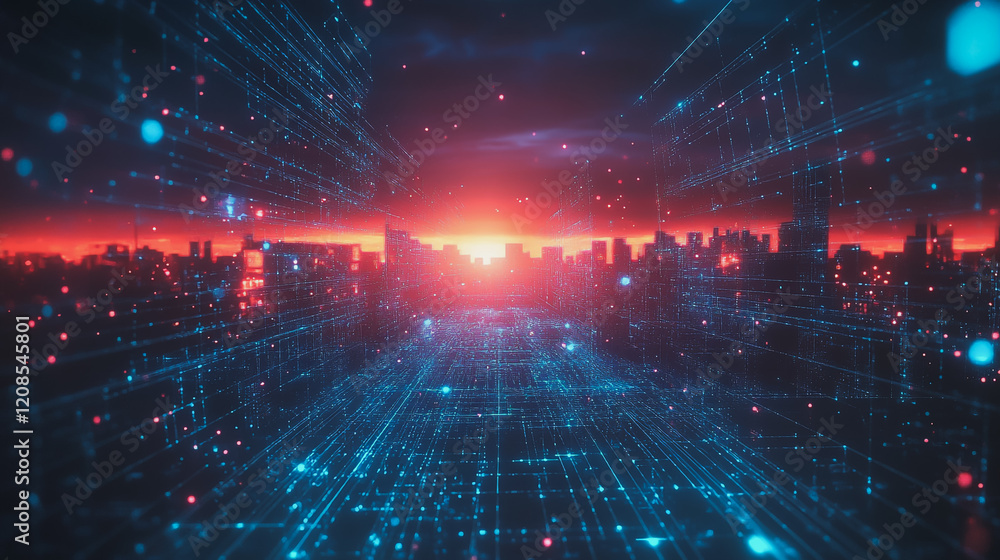 Obraz premium Smart digital Innovation city with connection network reciprocity over the cityscape. of future smart wireless digital city and social media networking systems that connects people with in city