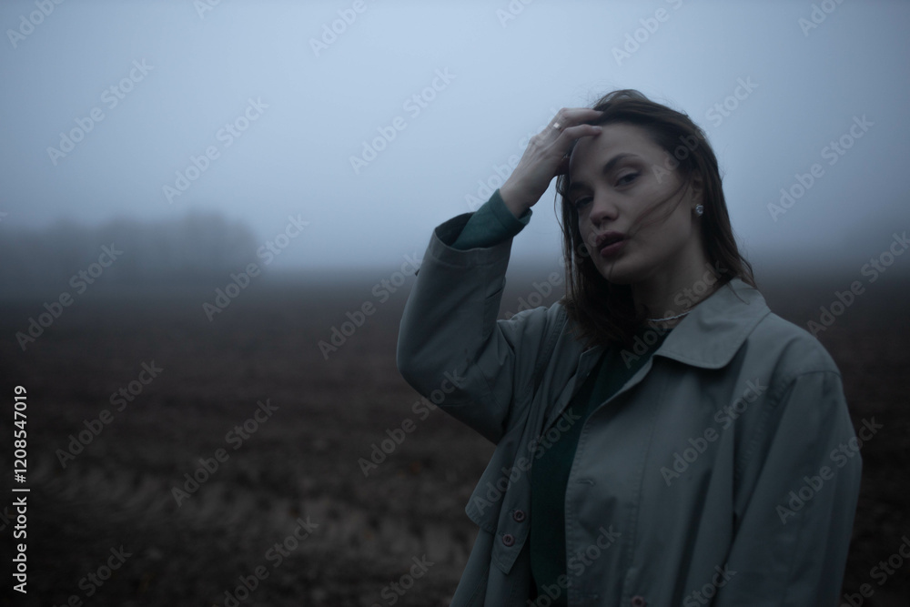 gloomy woman in coat walks alone in foggy field, existential crisis
