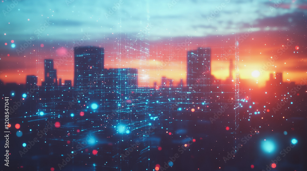 Obraz premium Smart digital Innovation city with connection network reciprocity over the cityscape. of future smart wireless digital city and social media networking systems that connects people with in city