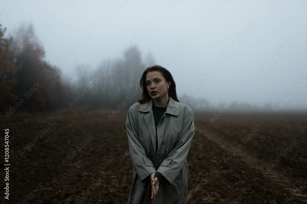 gloomy woman in coat walks alone in foggy field, existential crisis
