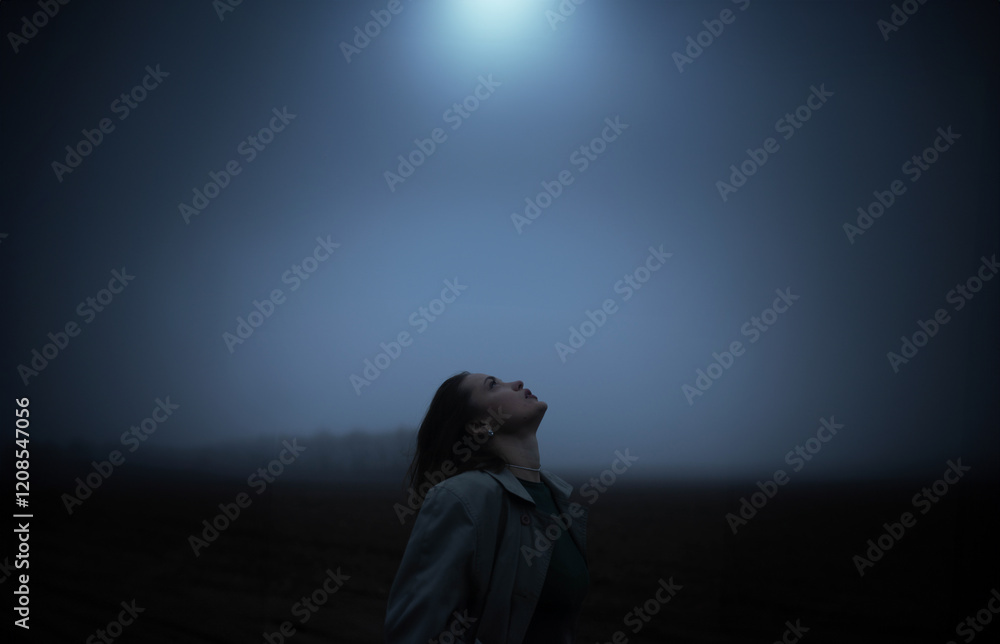 gloomy woman in coat walks alone in foggy field, existential crisis