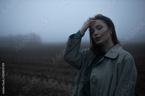 Obraz na płótnie gloomy woman in coat walks alone in foggy field, existential crisis w salonie