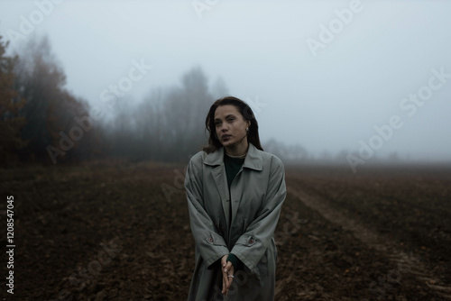 Obraz na płótnie gloomy woman in coat walks alone in foggy field, existential crisis w salonie