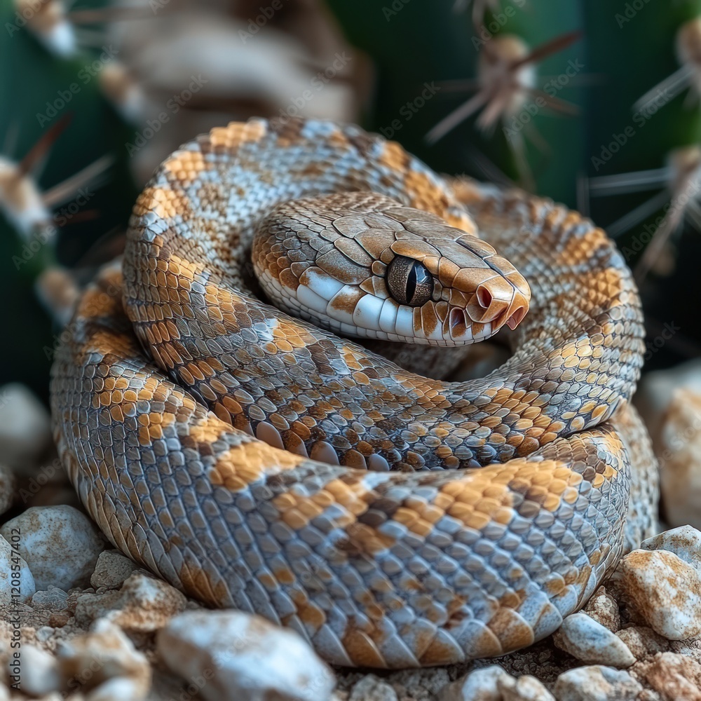 Fototapeta premium Coiled snake, patterned scales, rocky ground.