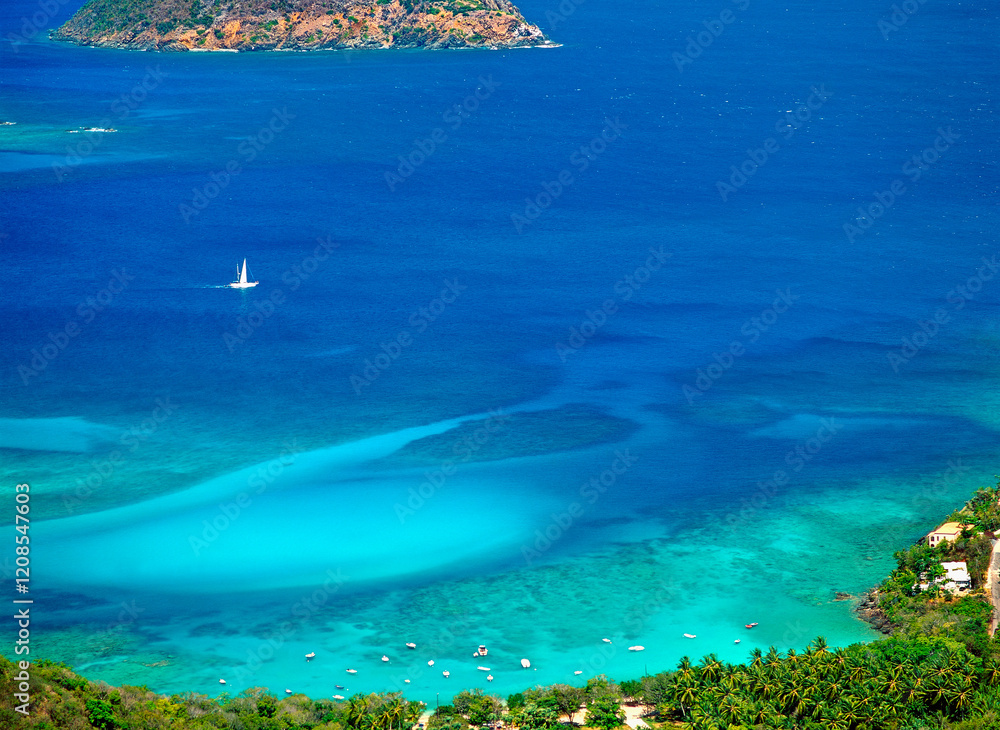U.S. Virgin Islands, Caribbean. North over the clear blue waters of Hull Bay on the island of St. Thomas