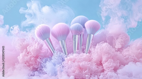 Artistic array of pastel studio makeup brushes in a minimalist Rococo-inspired setting photo