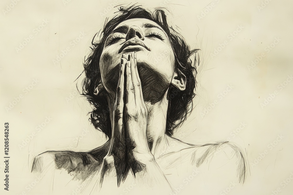 Fototapeta premium Graphite sketch of woman praying, eyes closed.