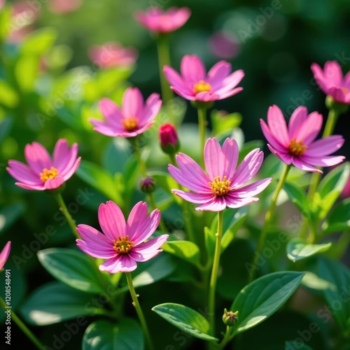 Pink Nyctaginaceae flowers in a lush green garden amidst tiny water droplets, botanicals, stems