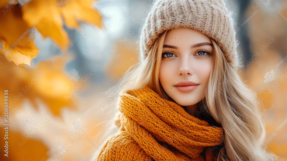 Blond-haired woman with blue eyes wearing wool cap, scarf, standing among colorful autumn leaves in urban park setting Blond-haired woman with blue eyes wearing wool cap, scarf, standing among colorful autumn leaves in urban park setting