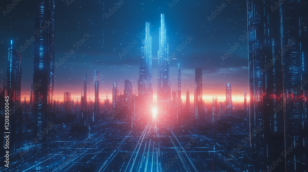 Naklejka premium Smart digital Innovation city with connection network reciprocity over the cityscape. of future smart wireless digital city and social media networking systems that connects people with in city