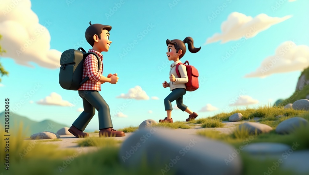 Cartoon hikers walk a mountain path enjoying nature Cartoon hikers walk a mountain path enjoying nature