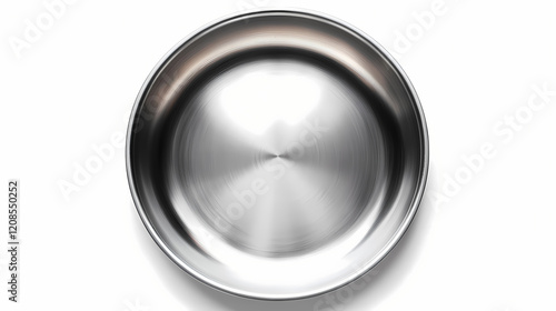 An empty, silver pizza pan sits on a white background, photographed from directly above. Silver Peak. Illustration photo