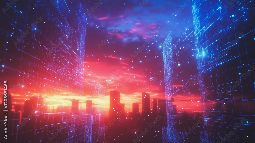 Obraz premium Smart digital Innovation city with connection network reciprocity over the cityscape. of future smart wireless digital city and social media networking systems that connects people with in city