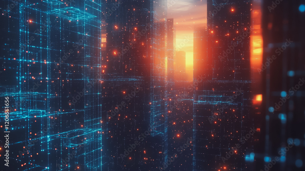 Obraz premium Smart digital Innovation city with connection network reciprocity over the cityscape. of future smart wireless digital city and social media networking systems that connects people with in city