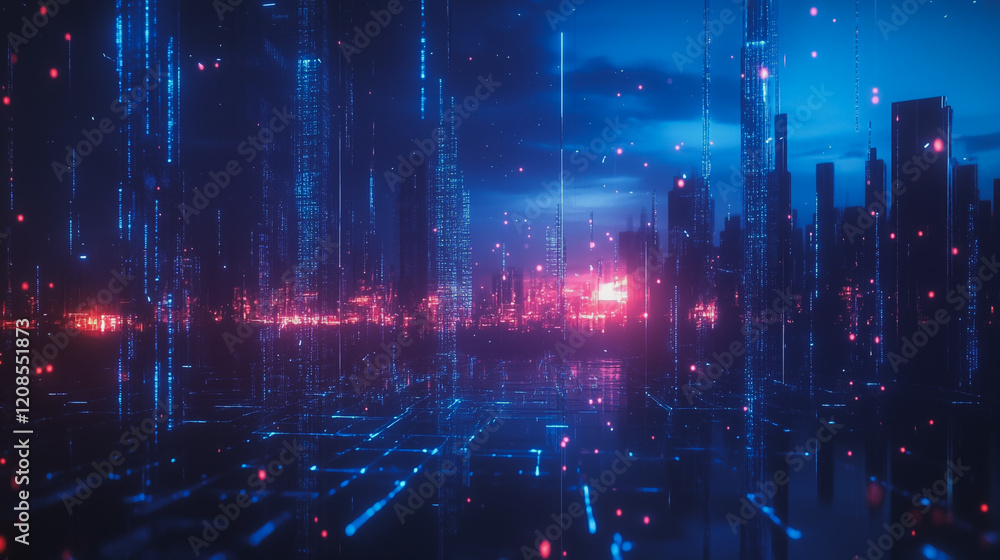 Fototapeta premium Smart digital Innovation city with connection network reciprocity over the cityscape. of future smart wireless digital city and social media networking systems that connects people with in city