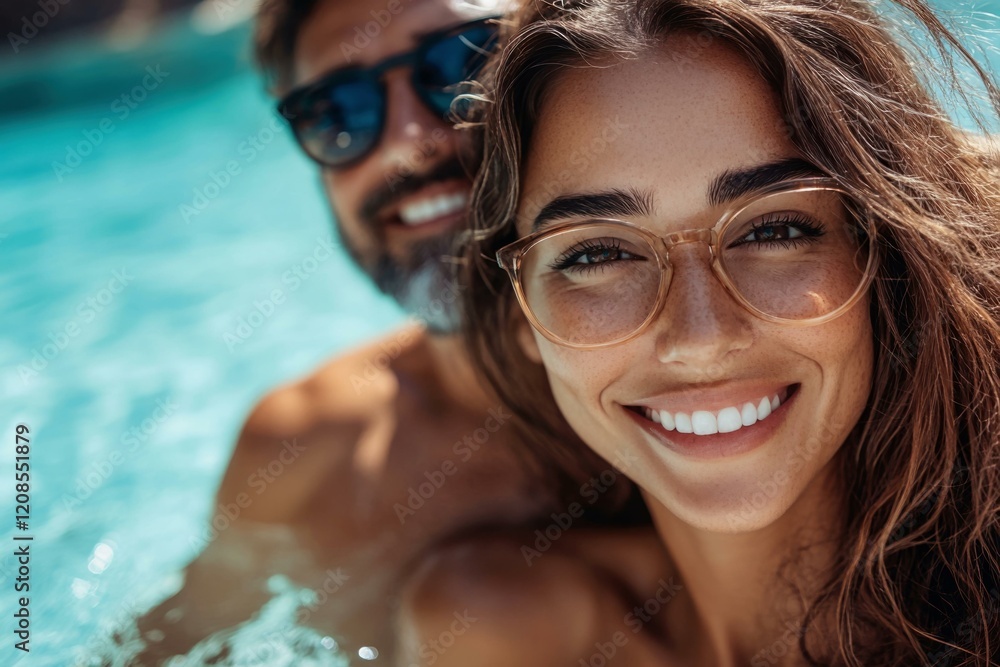 Romantic couple taking selfie in sunny tropical paradise, enjoying travel adventure together in crystal clear water Romantic couple taking selfie in sunny tropical paradise, enjoying travel adventure together in crystal clear water