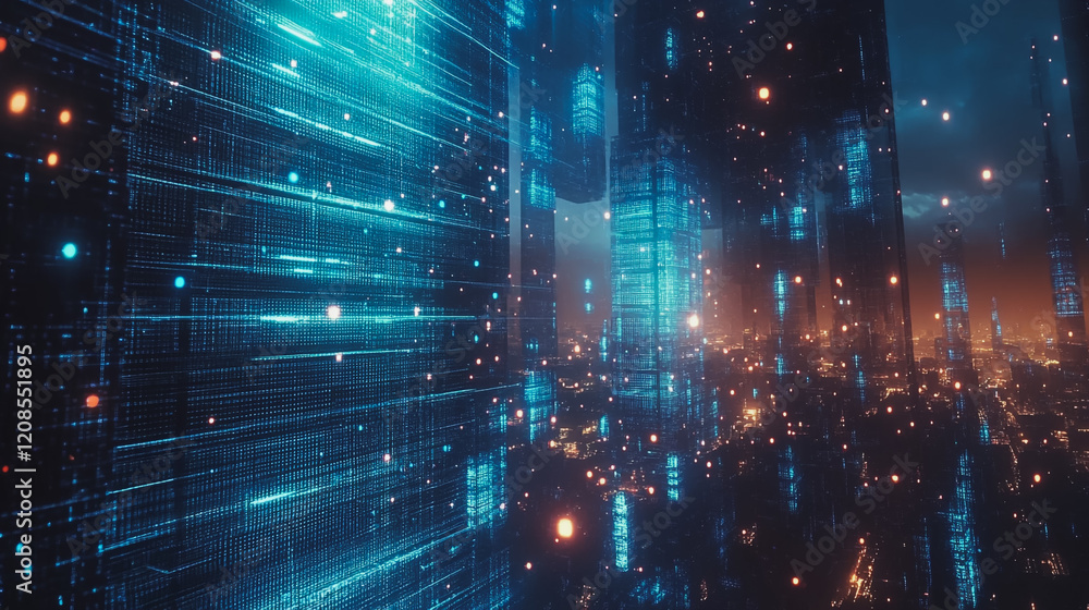 Obraz premium Smart digital Innovation city with connection network reciprocity over the cityscape. of future smart wireless digital city and social media networking systems that connects people with in city