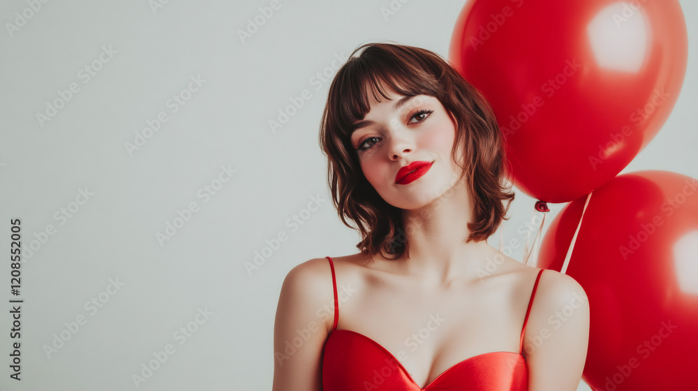 Studio portrait of beautiful young woman with red lipstick wearing elegant red dress holding two red balloons for Valentine's Day Studio portrait of beautiful young woman with red lipstick wearing elegant red dress holding two red balloons for Valentine's Day