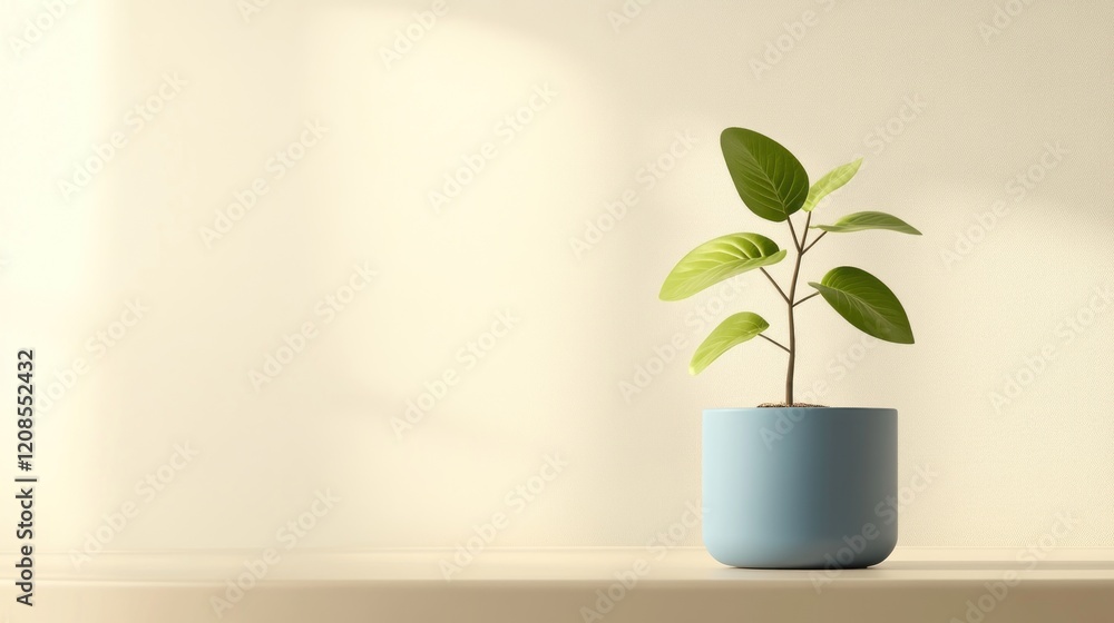 Minimalist plant in blue pot on shelf in sunlight. Minimalist plant in blue pot on shelf in sunlight.
