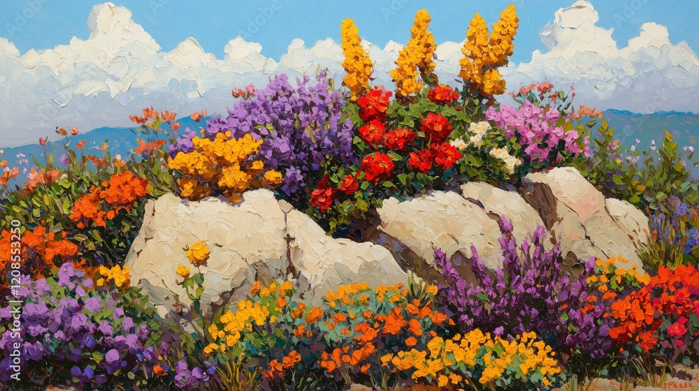 Obraz premium Vibrant Impressionist Landscape of a Flower Garden with Colorful Blossoms, Majestic Rocks, and a Clear Blue Sky in a Serene Springtime Scene