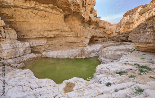 A nature pool created by flood water during heavy rains in wadi Upper Darga in the nature reserve Matzok HaEtekim, Judaean Desert. The most spectacular view the nature reserve offers. Turquoise water. photo