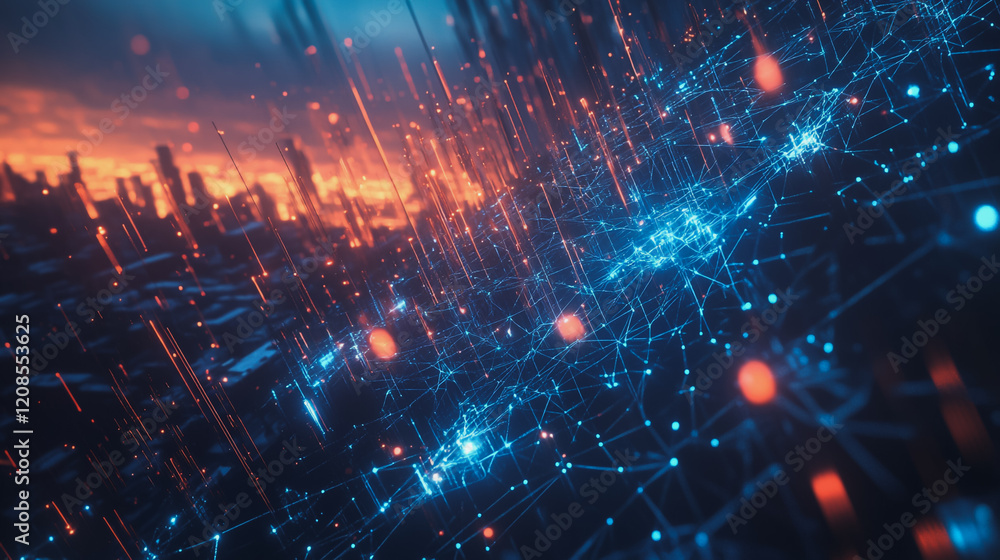 Obraz premium Smart digital Innovation city with connection network reciprocity over the cityscape. of future smart wireless digital city and social media networking systems that connects people with in city