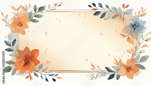 Autumn flowers composition. Abstract vector art floral background vector, wallpaper with watercolor, leaf framed, flower, vivid foliage, aquarelle frame, in green and blue, summer colors.