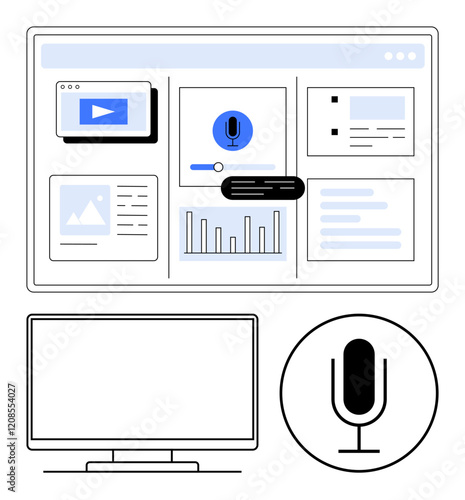 Audio production software interface showing video player, microphone control, text and image data tables, and bar graphs. Ideal for podcasting, sound engineering, content creation, tutorials