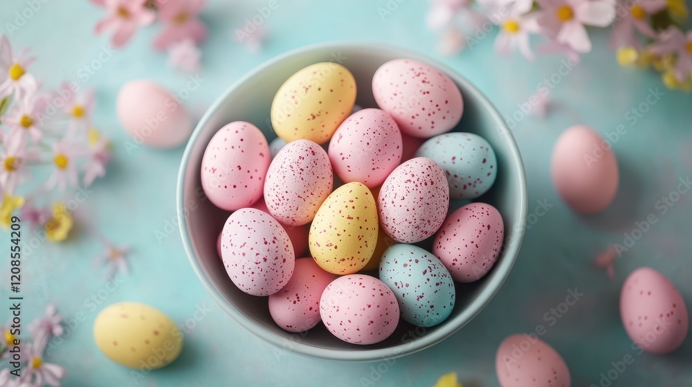 Pastel yellow and pink easter eggs decorated in a bowl with floral accents for spring design Pastel yellow and pink easter eggs decorated in a bowl with floral accents for spring design