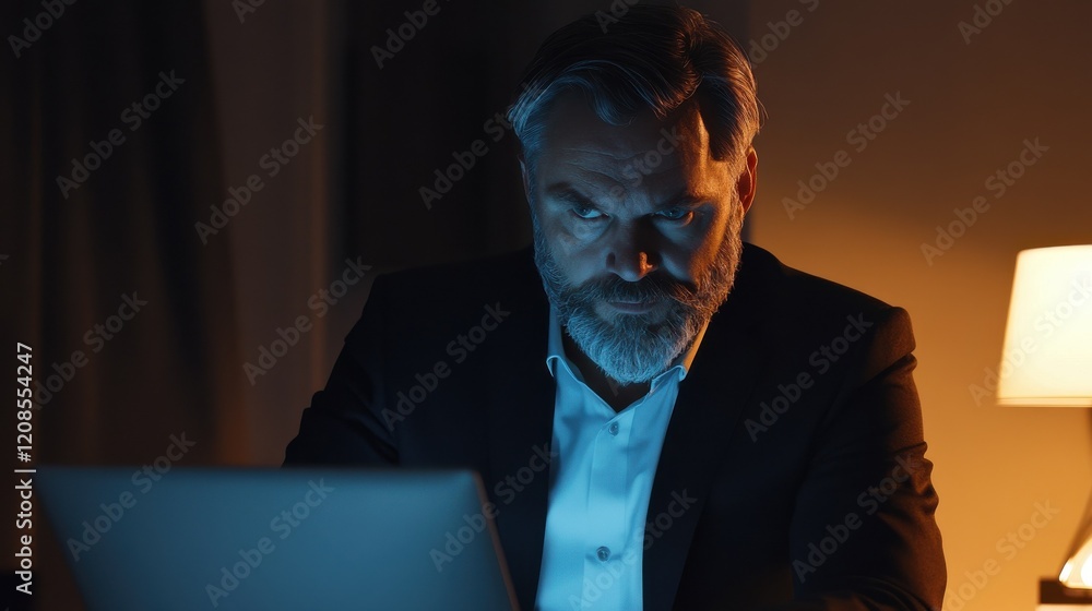 Mature business man executive manager looking at laptop computer watching online webinar training or having virtual meeting video conference taking notes, doing market research working in office. Mature business man executive manager looking at laptop computer watching online webinar training or having virtual meeting video conference taking notes, doing market research working in office.