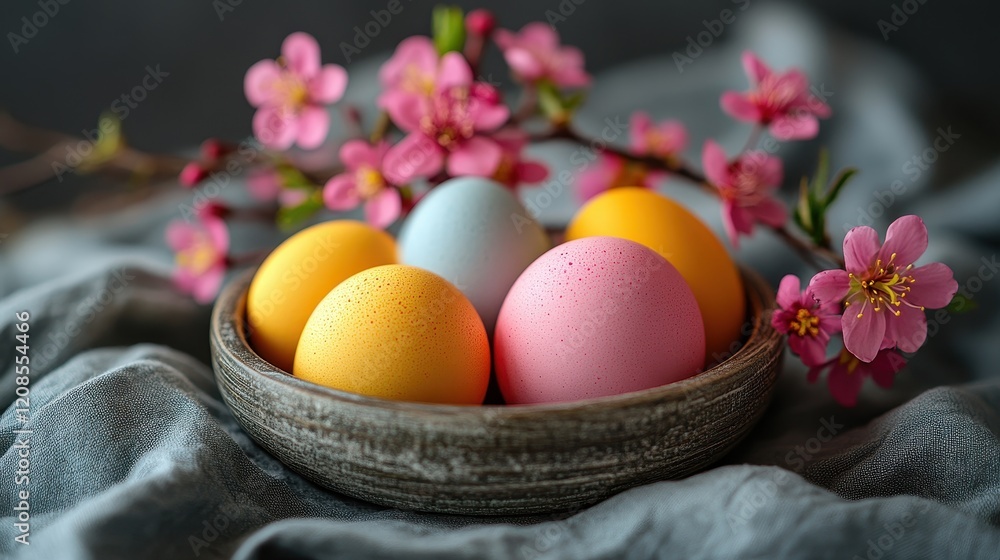 Elegant easter eggs and cherry blossoms on rustic background for spring celebrations Elegant easter eggs and cherry blossoms on rustic background for spring celebrations