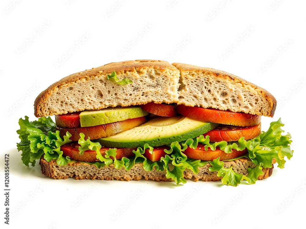 A fresh sandwich loaded with vegetables on white bread, symbolizing health and delicious eating isolated on white background. Generative AI A fresh sandwich loaded with vegetables on white bread, symbolizing health and delicious eating isolated on white background. Generative AI