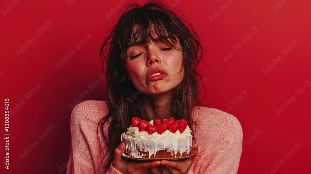 Upset crying woman smeared with cream after eating festive cake expresses negative emotions cries as feels lonely celebrates Valentines Day poses against red background wants to have romantic date Upset crying woman smeared with cream after eating festive cake expresses negative emotions cries as feels lonely celebrates Valentines Day poses against red background wants to have romantic date