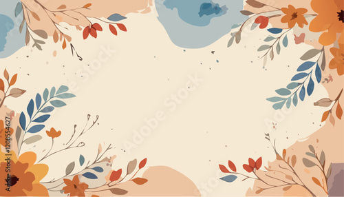 Autumn flowers composition. Abstract vector art floral background vector, wallpaper with watercolor, leaf framed, flower, vivid foliage, aquarelle frame, in green and blue, summer colors.