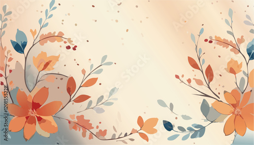 Autumn flowers composition. Abstract vector art floral background vector, wallpaper with watercolor, leaf framed, flower, vivid foliage, aquarelle frame, in green and blue, summer colors.