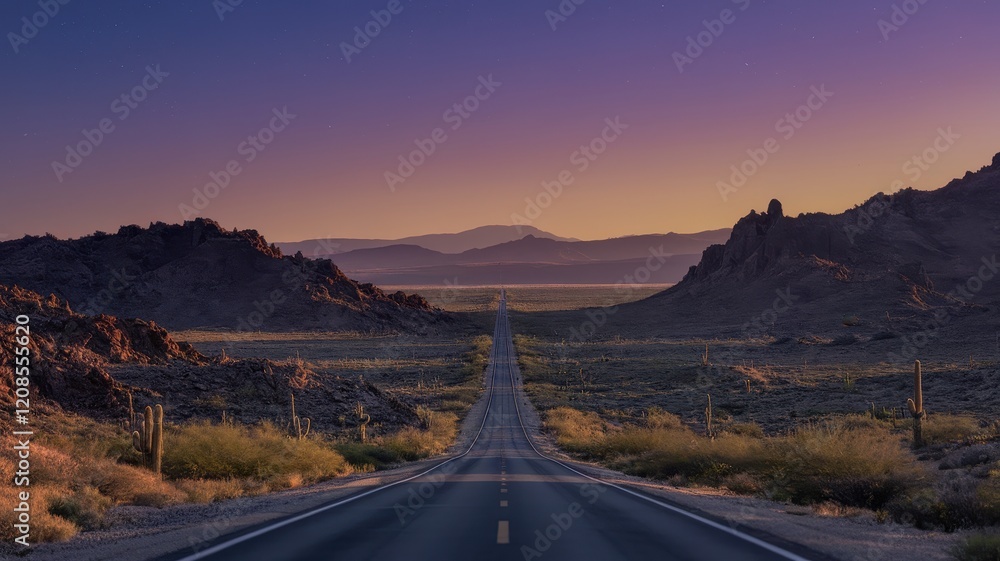 Naklejka premium A stunning desert highway stretches into the horizon at dusk, framed by rugged mountains, with vibrant hues of purple and orange illuminating the sky.