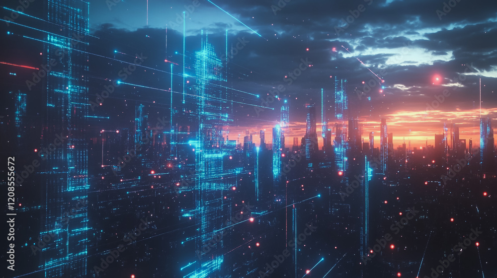 Obraz premium Smart digital Innovation city with connection network reciprocity over the cityscape. of future smart wireless digital city and social media networking systems that connects people with in city